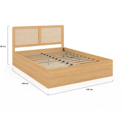 IDMarket Lit coffre double EDHEN avec tête de lit cannage et sommier 140 x 190 cm coloris bois Discount