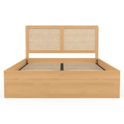 IDMarket Lit coffre double EDHEN avec tête de lit cannage et sommier 140 x 190 cm coloris bois Discount