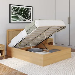 IDMarket Lit coffre double EDHEN avec tête de lit cannage et sommier 140 x 190 cm coloris bois Discount