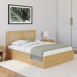 IDMarket Lit coffre double EDHEN avec tête de lit cannage et sommier 140 x 190 cm coloris bois Discount