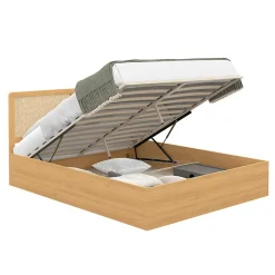 IDMarket Lit coffre double EDHEN avec tête de lit cannage et sommier 140 x 190 cm coloris bois Discount