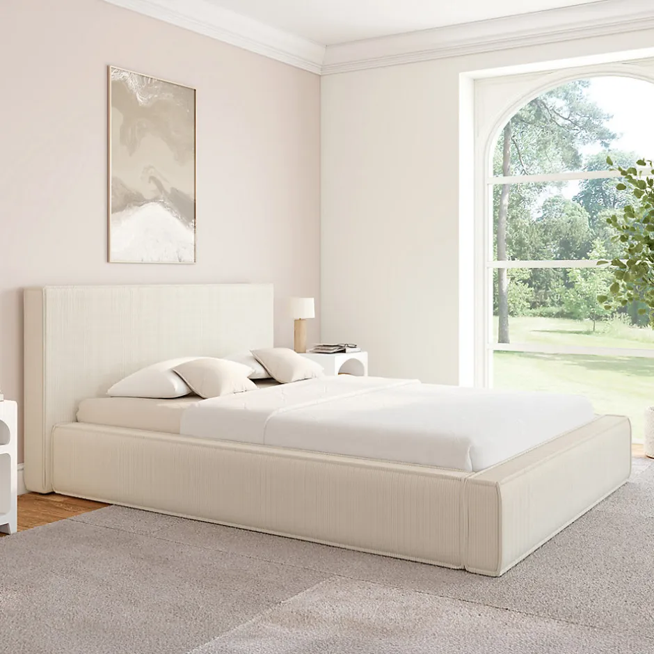 IDMarket Lit coffre double JADE avec sommier 140 x 190 cm velours côtelé beige
