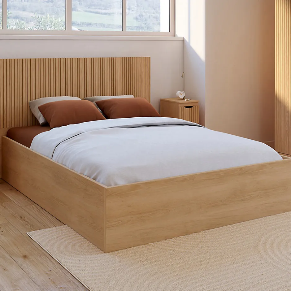 IDMarket Lit coffre double JULIETTE avec tête de lit et sommier 140 x 190 cm effet lattes et bois