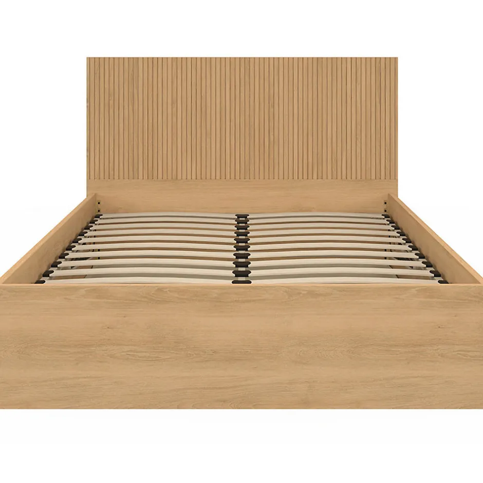 IDMarket Lit coffre double JULIETTE avec tête de lit et sommier 140 x 190 cm effet lattes et bois