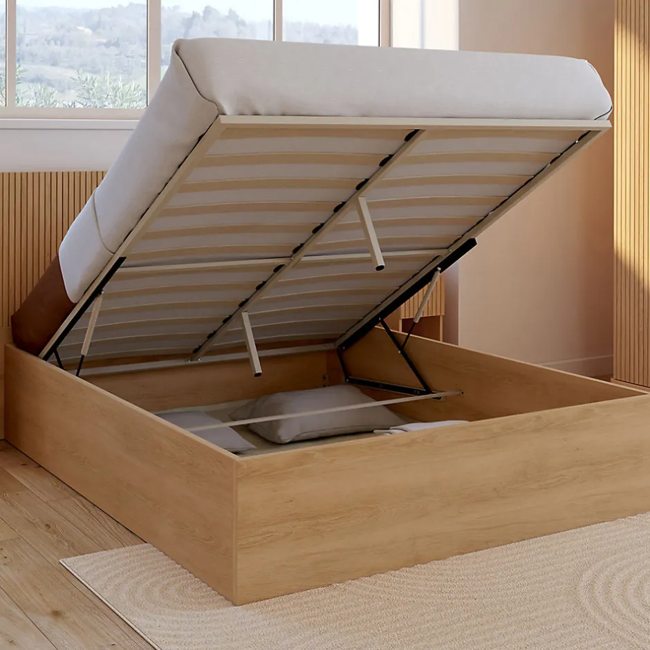 IDMarket Lit coffre double JULIETTE avec tête de lit et sommier 140 x 190 cm effet lattes et bois