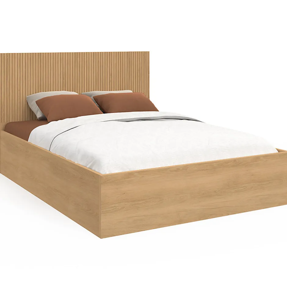 IDMarket Lit coffre double JULIETTE avec tête de lit et sommier 140 x 190 cm effet lattes et bois