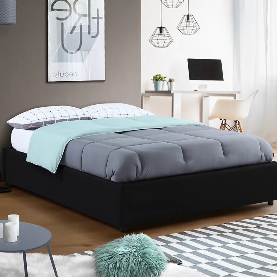 IDMarket Lit coffre double MIAMI avec sommier 140 x 190 cm PVC noir Hot