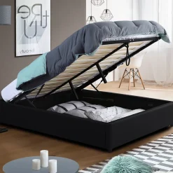 IDMarket Lit coffre double MIAMI avec sommier 140 x 190 cm PVC noir Hot