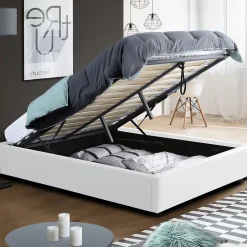 IDMarket Lit coffre double MIAMI avec sommier 160 x 200 cm PVC blanc Sale