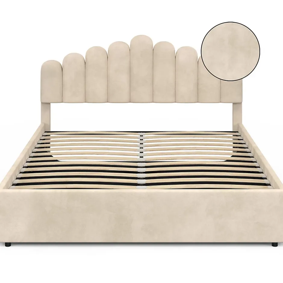 IDMarket Lit coffre double NOELIE avec tête de lit et sommier 160 x 200 cm velours beige Discount