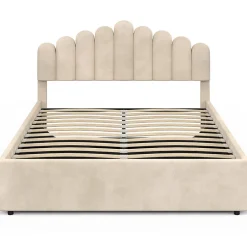 IDMarket Lit coffre double NOELIE avec tête de lit et sommier 140 x 190 cm velours beige