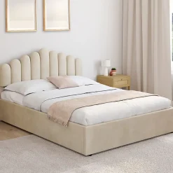IDMarket Lit coffre double NOELIE avec tête de lit et sommier 140 x 190 cm velours beige