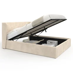 IDMarket Lit coffre double OREA avec tête de lit enveloppante à oreilles et sommier 140 x 190 cm velours beige
