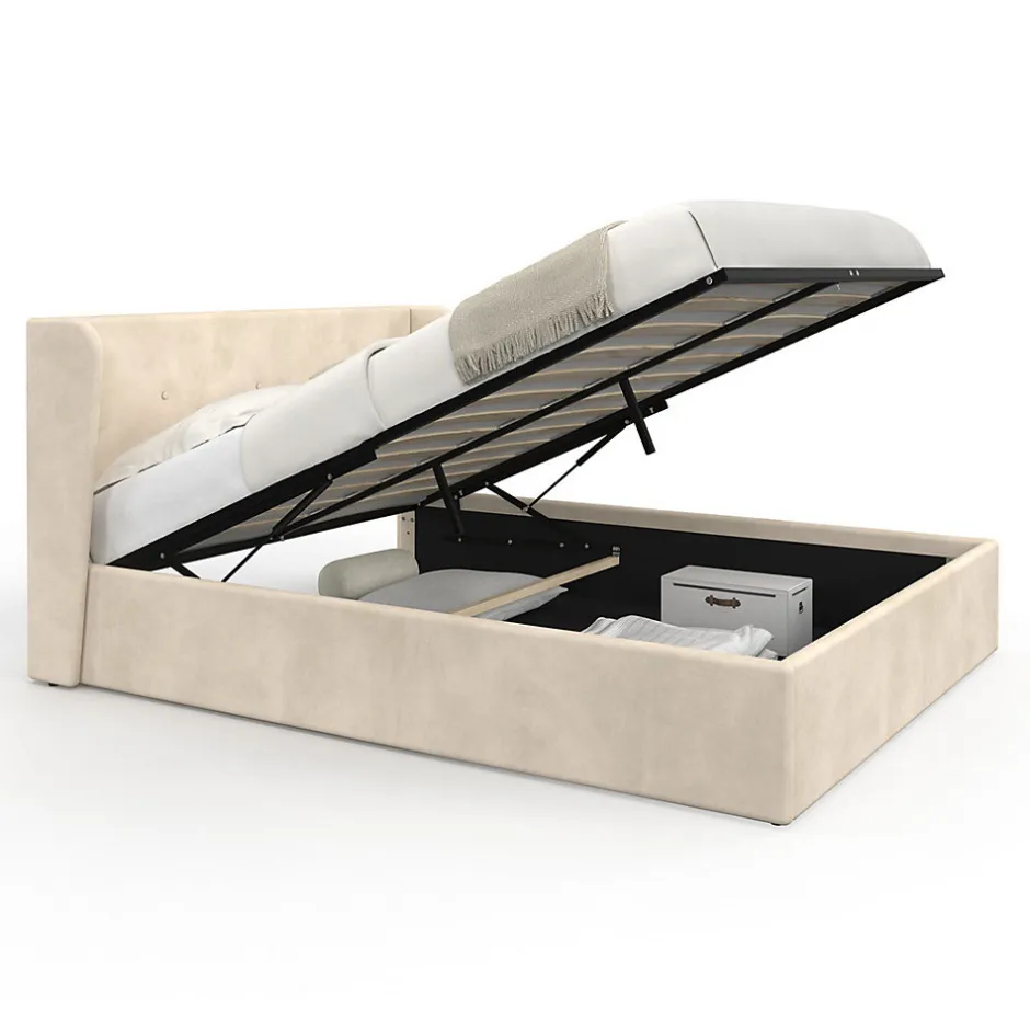 IDMarket Lit coffre double OREA avec tête de lit enveloppante à oreilles et sommier 140 x 190 cm velours beige