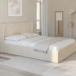 IDMarket Lit coffre double OREA avec tête de lit enveloppante à oreilles et sommier 140 x 190 cm velours beige