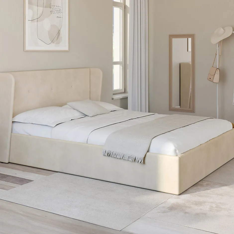 IDMarket Lit coffre double OREA avec tête de lit enveloppante à oreilles et sommier 140 x 190 cm velours beige