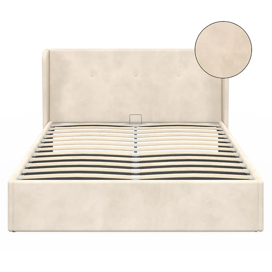 IDMarket Lit coffre double OREA avec tête de lit enveloppante à oreilles et sommier 140 x 190 cm velours beige
