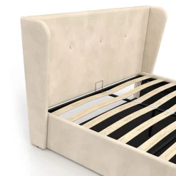 IDMarket Lit coffre double OREA avec tête de lit enveloppante à oreilles et sommier 140 x 190 cm velours beige