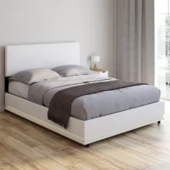 IDMarket Lit coffre double OWEN avec LED intégrées + tête de lit et sommier 140 x 190 cm PVC blanc Online
