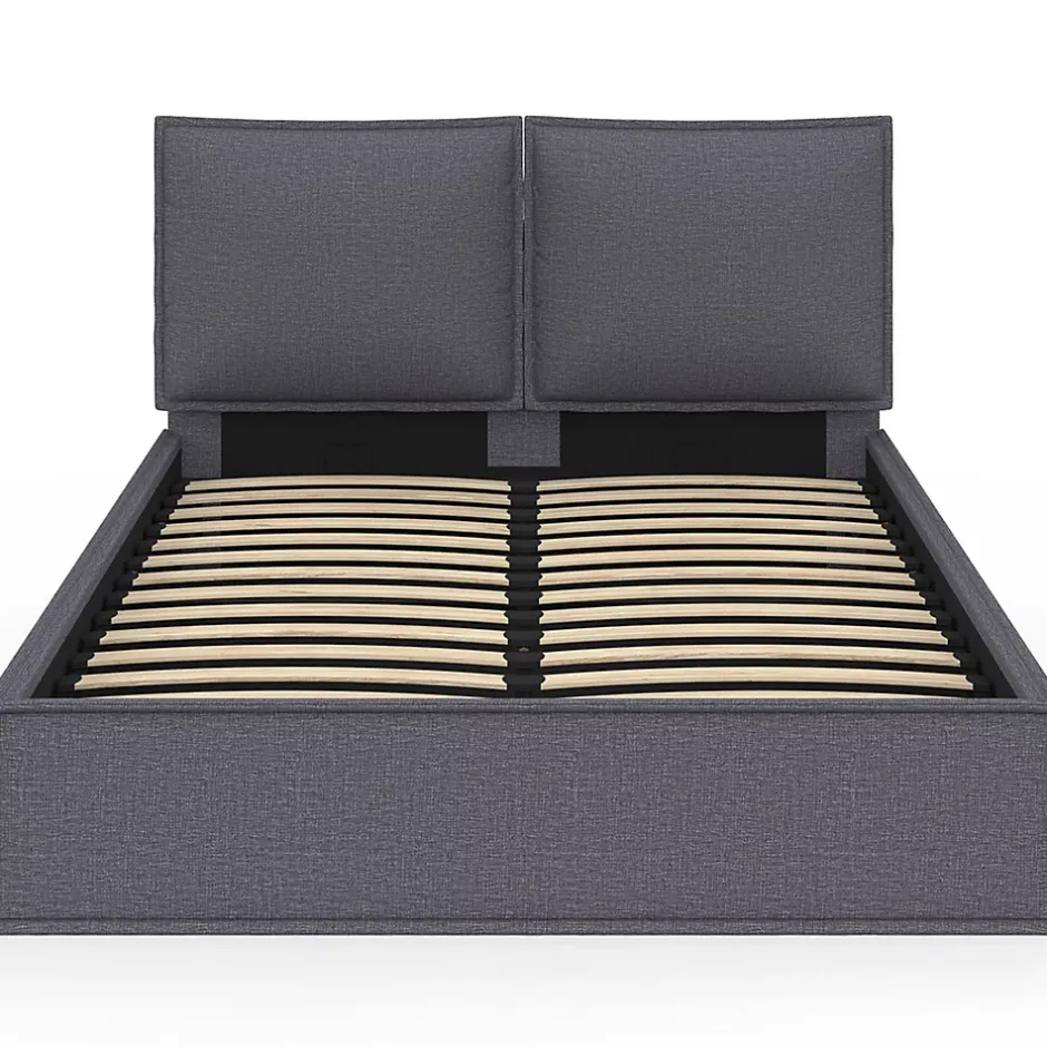 IDMarket Lit coffre double PILOU avec tête de lit oreiller et sommier 140 x 190 cm tissu gris anthracite Online