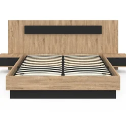 IDMarket Lit coffre double SANTA avec tête de lit + tables de chevets intégrées et sommier 140 x 190 cm bois et noir Discount