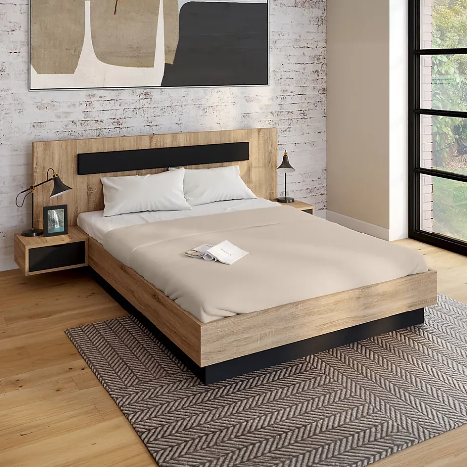 IDMarket Lit coffre double SANTA avec tête de lit + tables de chevets intégrées et sommier 140 x 190 cm bois et noir Discount