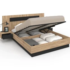 IDMarket Lit coffre double SANTA avec tête de lit + tables de chevets intégrées et sommier 140 x 190 cm bois et noir Discount