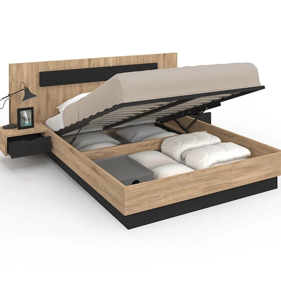 IDMarket Lit coffre double SANTA avec tête de lit + tables de chevets intégrées et sommier 140 x 190 cm bois et noir Discount