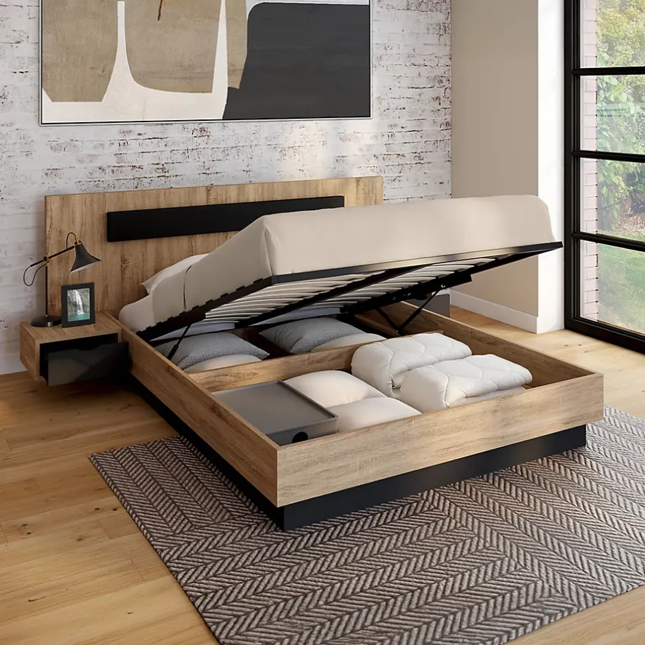 IDMarket Lit coffre double SANTA avec tête de lit + tables de chevets intégrées et sommier 140 x 190 cm bois et noir Discount