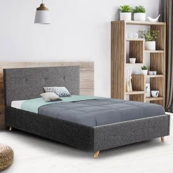 IDMarket Lit coffre double scandinave LULEA avec tête de lit et sommier 140 x 190 cm tissu gris anthracite Discount