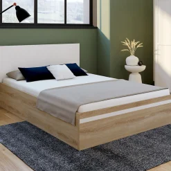 IDMarket Lit coffre double SEASIDE avec tête de lit et sommier 140 x 190 cm façon hêtre et blanc
