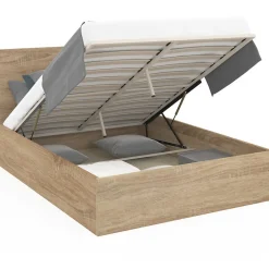 IDMarket Lit coffre double SEASIDE avec tête de lit et sommier 160 x 200 cm façon hêtre