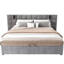 Urban Meuble Lit coffre double velours gris, tête de lit damier avec prise USB Clearance