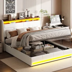Generique Lit coffre double 160x200 avec sommier et USB, LED, Cadre de lit avec Rangement et Tete de Lit, Blanc