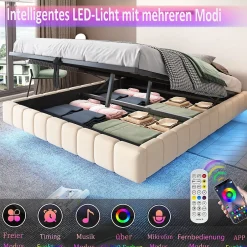 Okwish Lit Coffre Double 160x200 cm - avec Sommier à Ressorts et Rangement Intégré, LED Incluse, Sans Matelas, Tissu Lin Beige Online