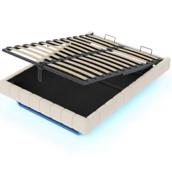 Okwish Lit Coffre Double 160x200 cm - avec Sommier à Ressorts et Rangement Intégré, LED Incluse, Sans Matelas, Tissu Lin Beige Online