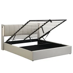 Okwish Lit Coffre Double 140x190 cm - Lit Capitonné avec LED et Rangement Hydraulique - Sans Matelas - Gris