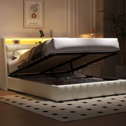 Okwish Lit Coffre Double 160x200 cm - Lit Adulte PU avec Éclairage LED et Port USB, Idéal pour la chambre - Blanc