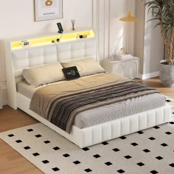 Okwish Lit Coffre Double 160x200 cm - Lit Adulte PU avec Éclairage LED et Port USB, Idéal pour la chambre - Blanc