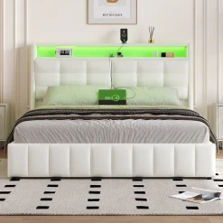 Okwish Lit Coffre Double 160x200 cm - Lit Adulte PU avec Éclairage LED et Port USB, Idéal pour la chambre - Blanc