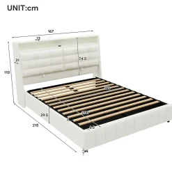 Okwish Lit Coffre Double 160x200 cm - Lit Adulte PU avec Éclairage LED et Port USB, Idéal pour la chambre - Blanc