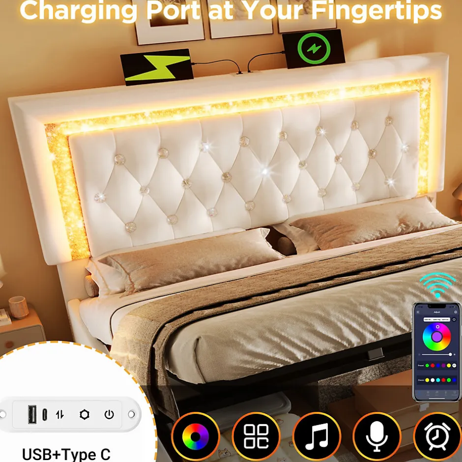 Okwish Lit Coffre Double 160x200 cm - LED Diamant et USB Type-C, Rangement Hydraulique, Sommier à Lattes, Velours Beige - Sans Matelas