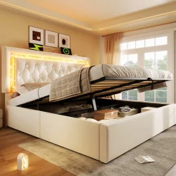 Okwish Lit Coffre Double 160x200 cm - LED Diamant et USB Type-C, Rangement Hydraulique, Sommier à Lattes, Velours Beige - Sans Matelas