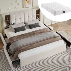 Okwish Lit Coffre Double 160x200 cm - Lit Adulte Capitonné avec 4 Tiroirs, Charge Sans Fil, USB, Type-C - Lin Beige - Matelas Inclus