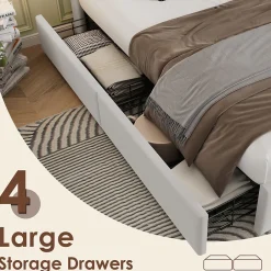 Okwish Lit Coffre Double 160x200 cm - Lit Adulte Capitonné avec 4 Tiroirs, Charge Sans Fil, USB, Type-C - Lin Beige - Matelas Inclus