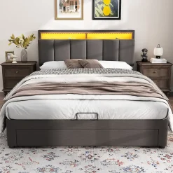 Okwish Lit Coffre Double 140x190 cm - Lit Hydraulique avec Rangement et Éclairage LED - Tissu Lin - Sans Matelas - Gris