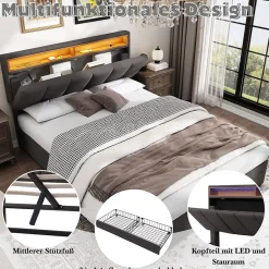Okwish Lit Coffre Double 140x190 cm - Lit Hydraulique avec Rangement et Éclairage LED - Tissu Lin - Sans Matelas - Gris