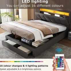 Okwish Lit Coffre Double 140x190 cm - Lit Hydraulique avec Rangement et Éclairage LED - Tissu Lin - Sans Matelas - Gris