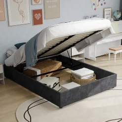 Okwish Lit Coffre Double 160x200 cm - Moderne en Velours Hollandais avec Vérin Hydraulique, Sans Tête de Lit - Gris - Sans Matelas Outlet