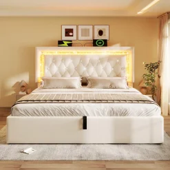 Okwish Lit Coffre Double 140x200 cm - Tête de Lit LED et USB Type-C, Sommier à Lattes, Rangement Hydraulique, Velours Beige, Sans Matelas Online